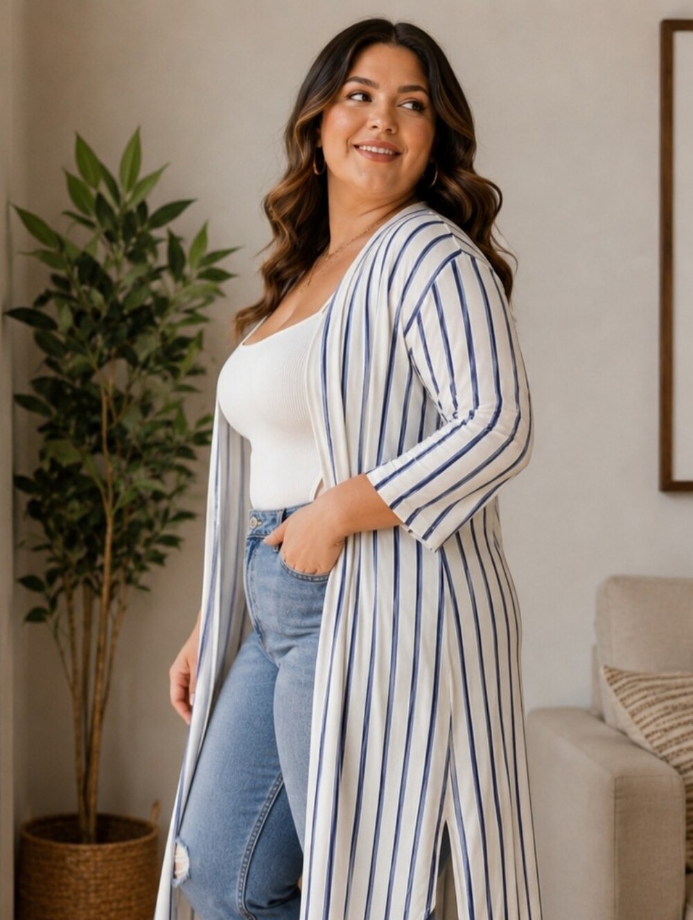 White and Blue Striped Open Front long Cardigan sz L